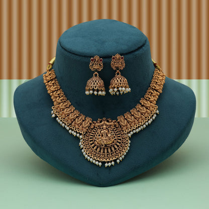 Classic Gold Color Lord Laxmi Temple Necklace Set With Royal Antique Finish