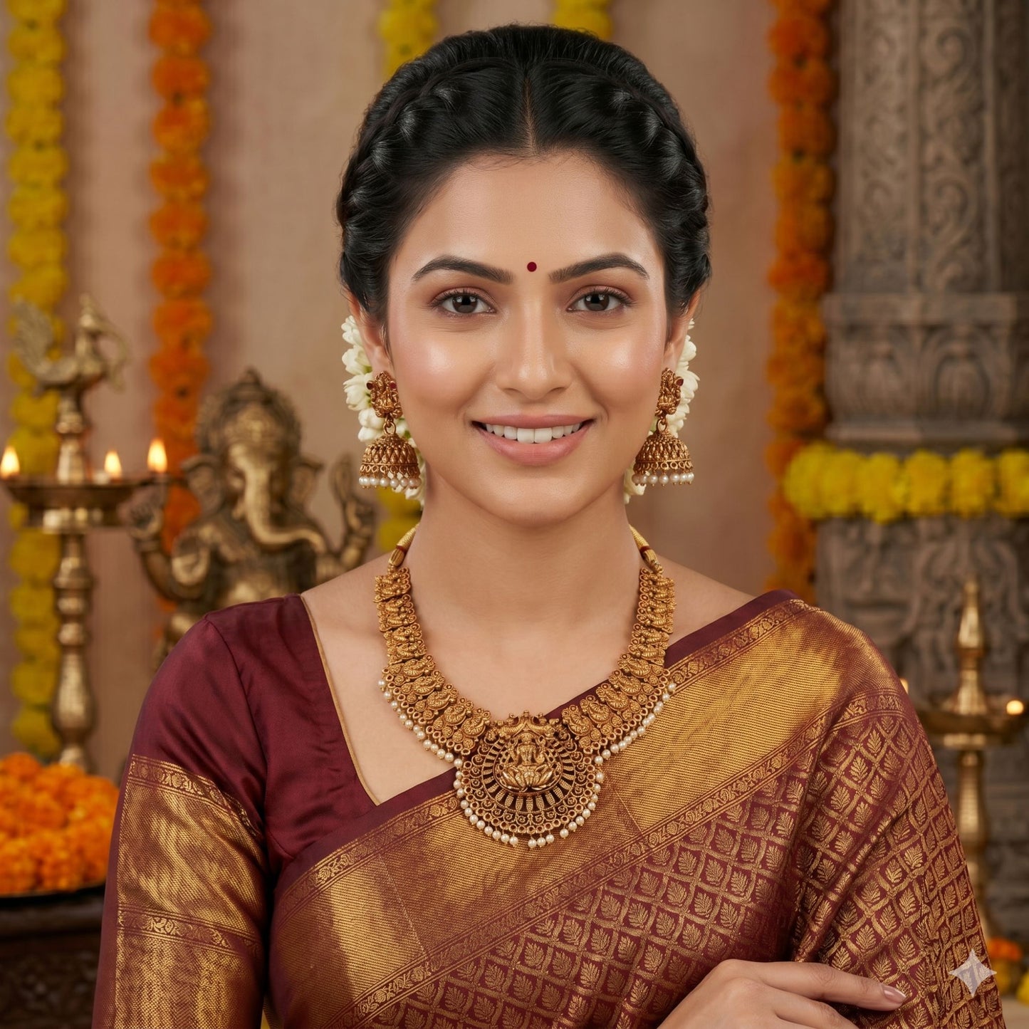 Classic Gold Color Lord Laxmi Temple Necklace Set With Royal Antique Finish