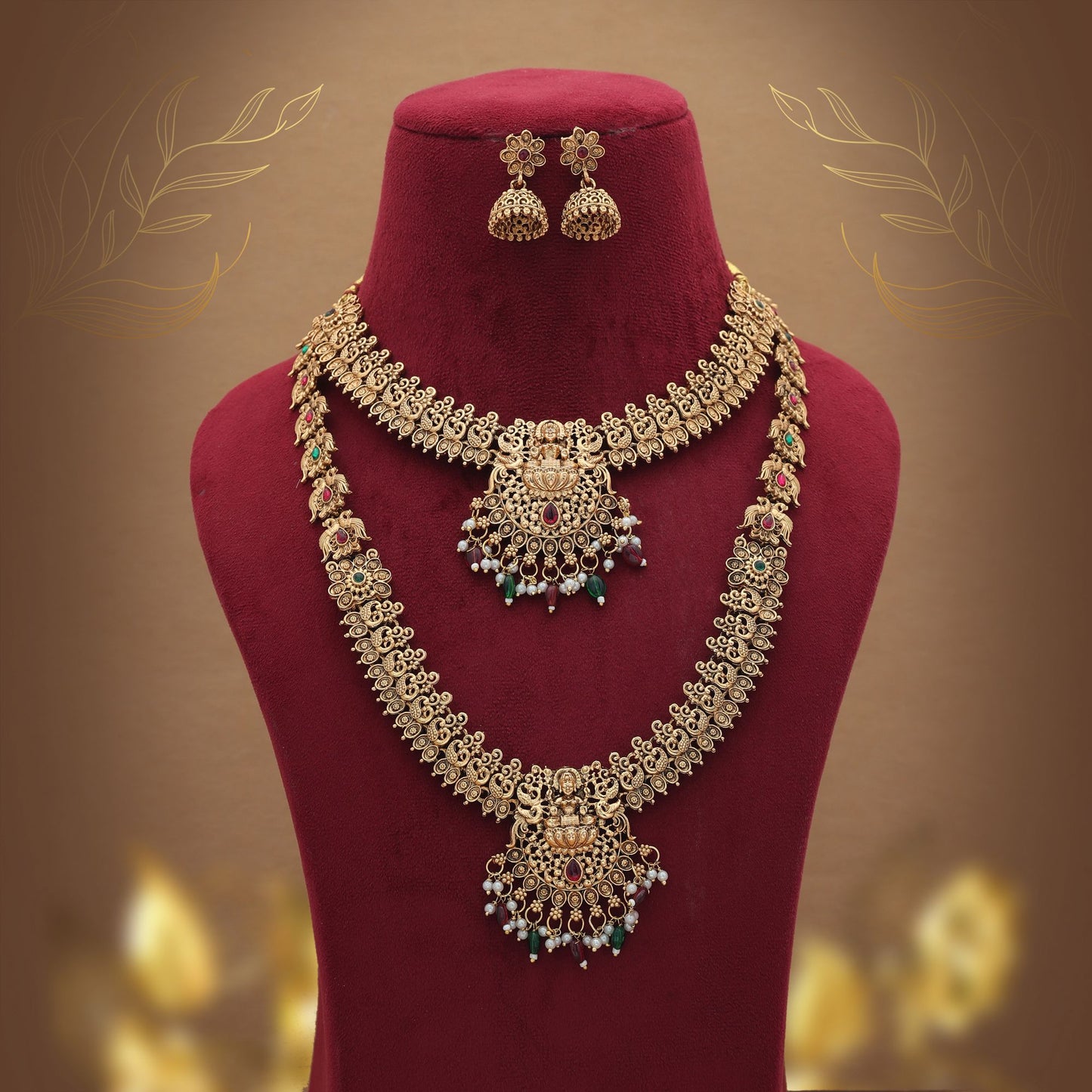 Graceful Maroon & Green Color Lord Laxmi Long Temple Necklace Set Ethnic Style