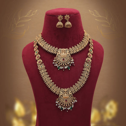 Graceful Maroon & Green Color Lord Laxmi Long Temple Necklace Set Ethnic Style
