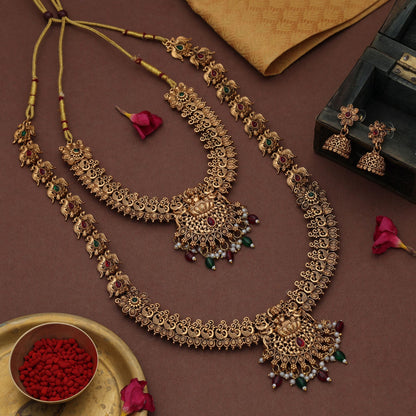 Graceful Maroon & Green Color Lord Laxmi Long Temple Necklace Set Ethnic Style