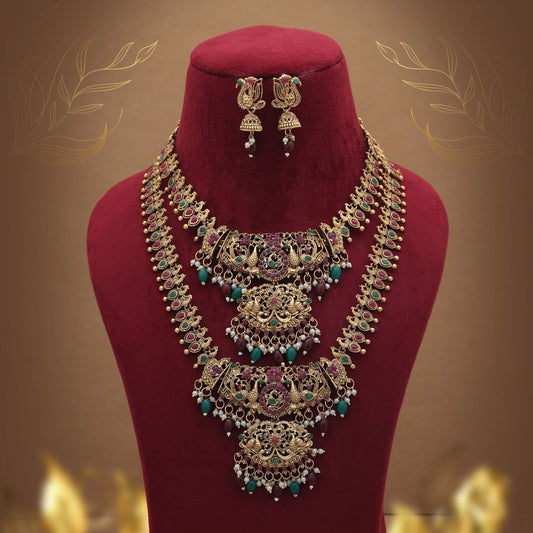 Antique Maroon & Green Color Lord Laxmi Long Temple Necklace Set Artwork