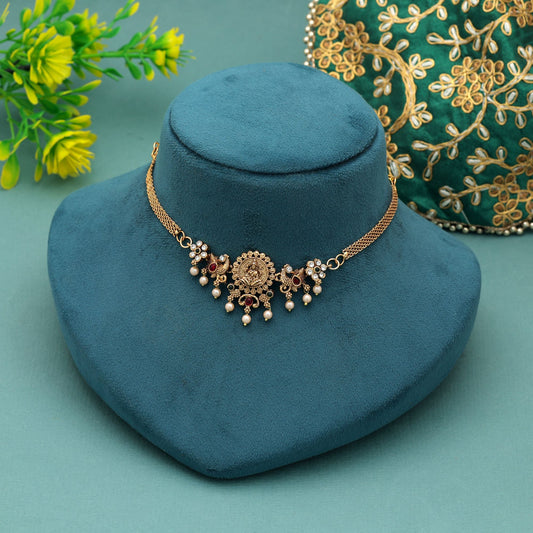 Royal Rani & Grünfarbener Choker-Tempel-Halskette mit antikem, ethnischem Brautdesign