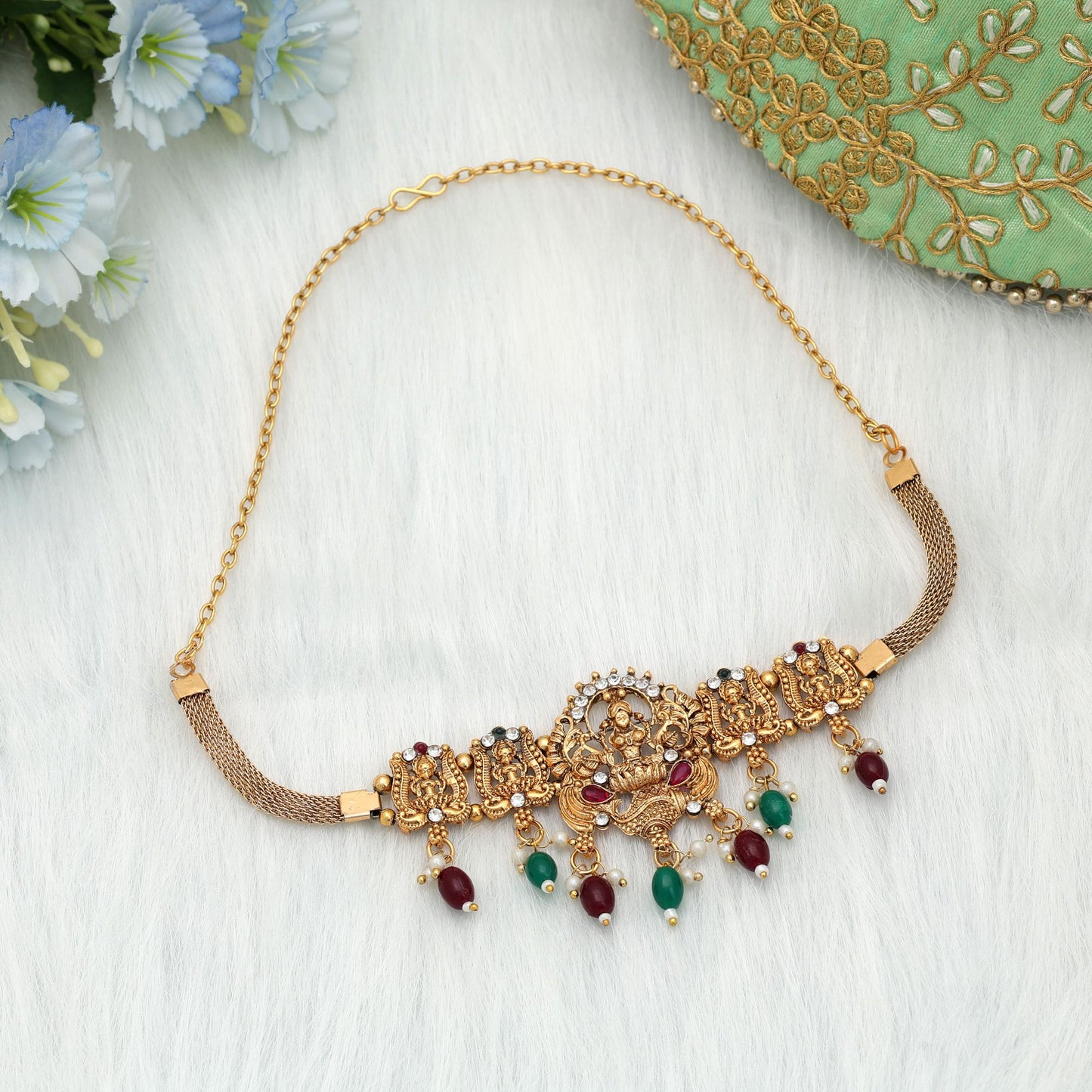 Premium Maroon & Green Color Choker Temple Necklace For Festive Bridal Occasion Wear
