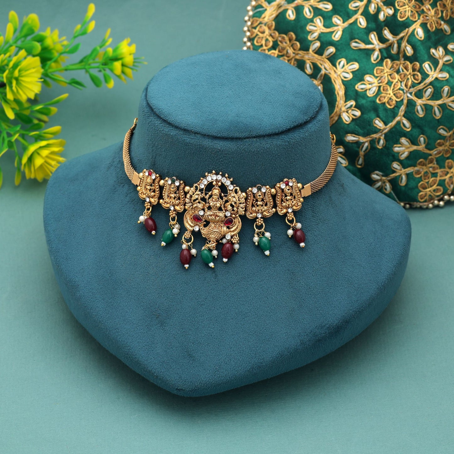 Premium Maroon & Green Color Choker Temple Necklace For Festive Bridal Occasion Wear