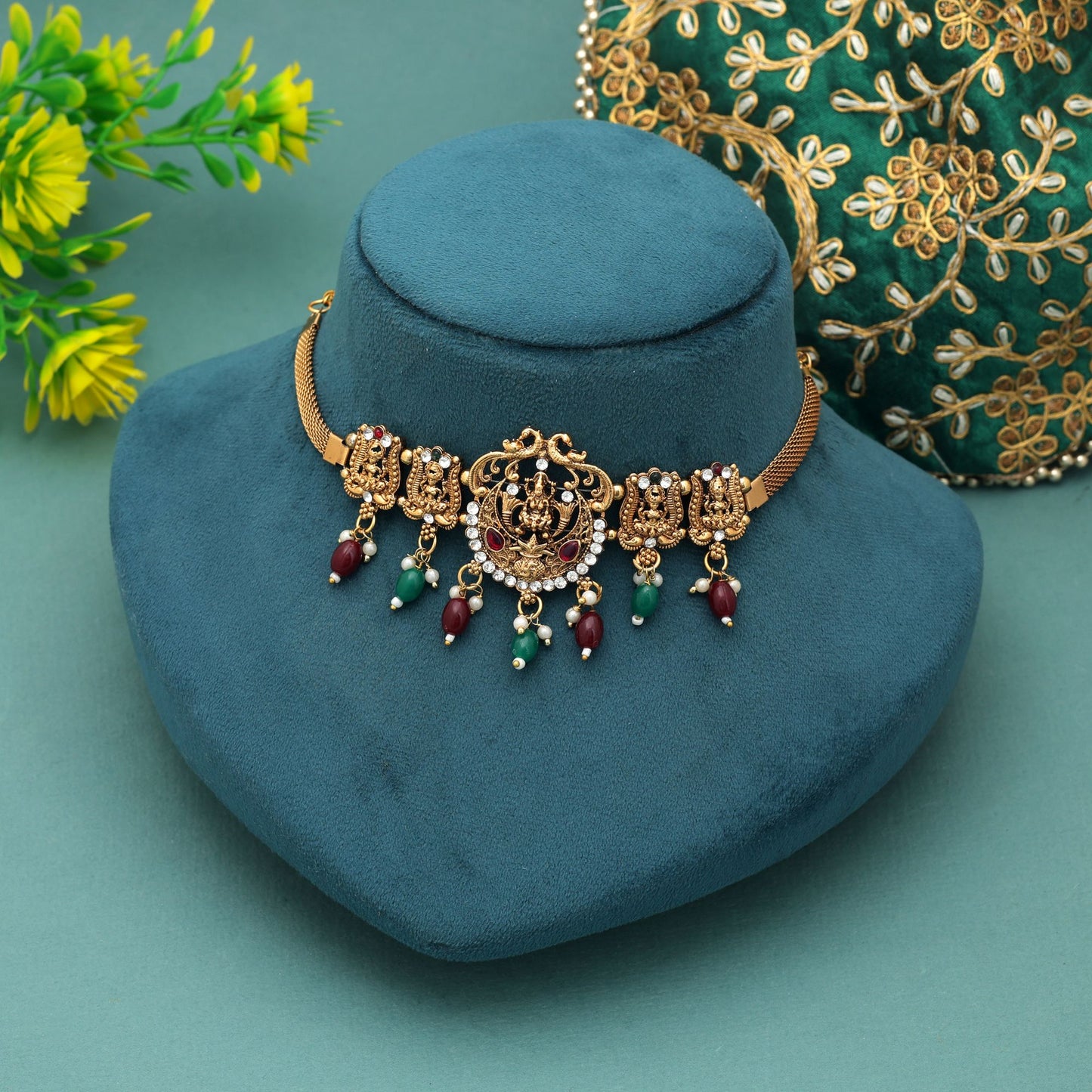 Beautiful Maroon & Green Color Choker Temple Necklace For Women Traditional Jewelry Collection
