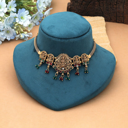 Designer Maroon & Grün farbenes Choker-Tempel-Collier mit von Kulturerbe-Tempeln inspirierter Kunst