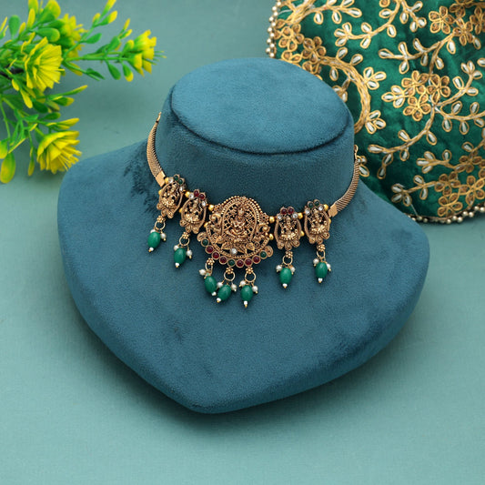 Classic Maroon & Green Color Choker Temple Necklace For Saree Festive Fashion Wear