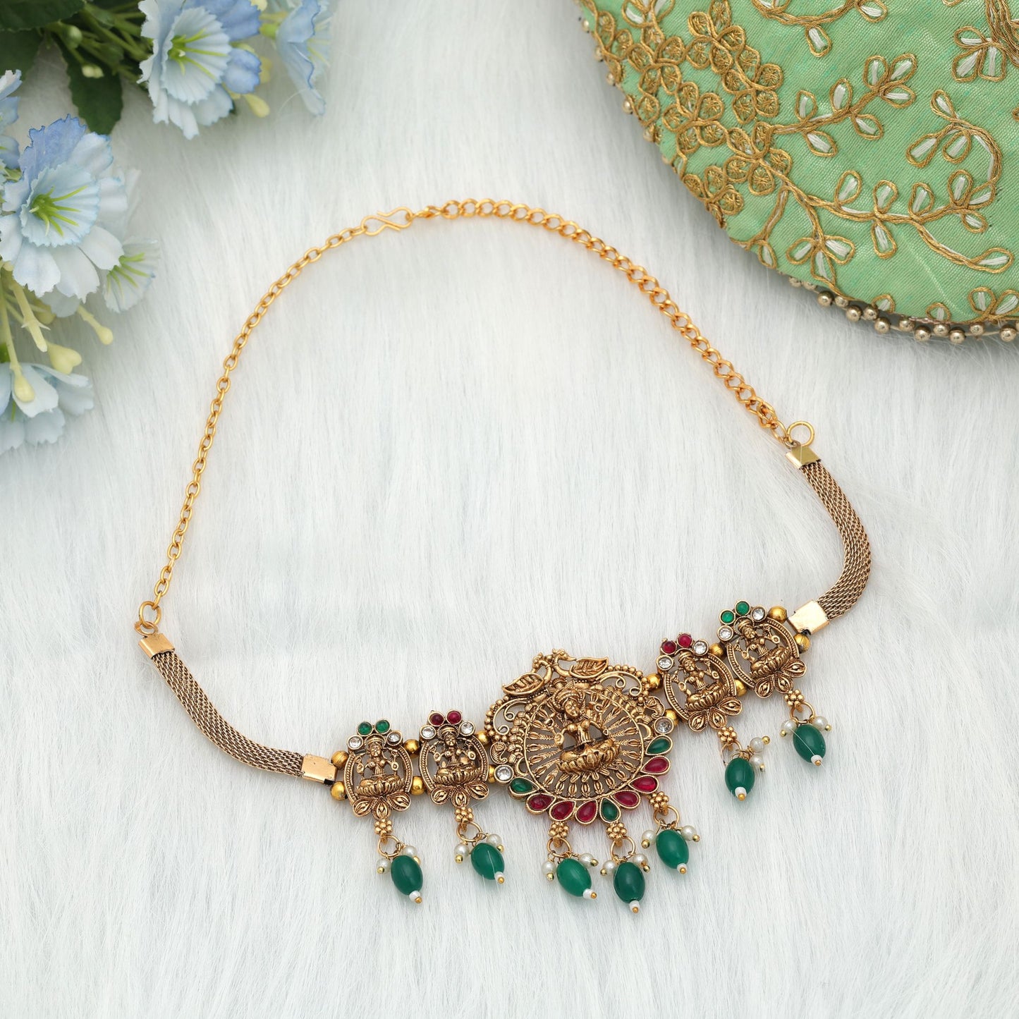 Stylish Maroon & Green Color Choker Temple Necklace For Cultural Bridal Occasion Collection