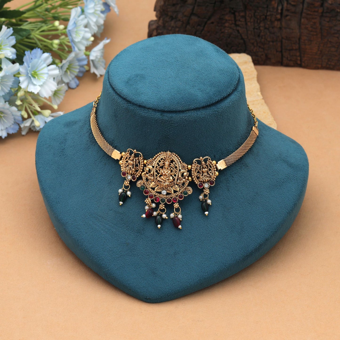 Beautiful Maroon & Green Color Choker Temple Necklace
