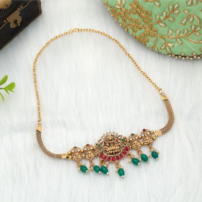 Beautiful Rani & Green Color Choker Temple Necklace With Classic Temple Artwork Design