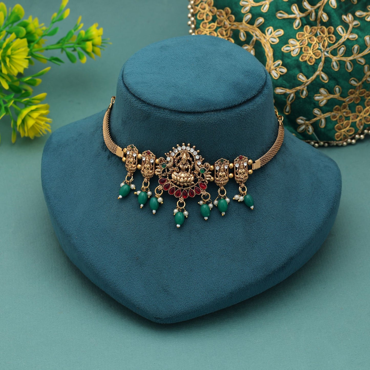 Beautiful Rani & Green Color Choker Temple Necklace With Classic Temple Artwork Design