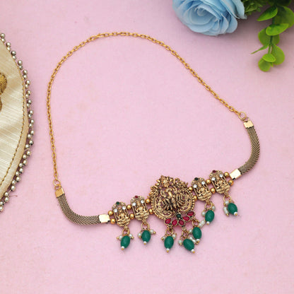 Stylish Rani & Green Color Choker Temple Necklace With Heritage Inspired Ethnic Artwork