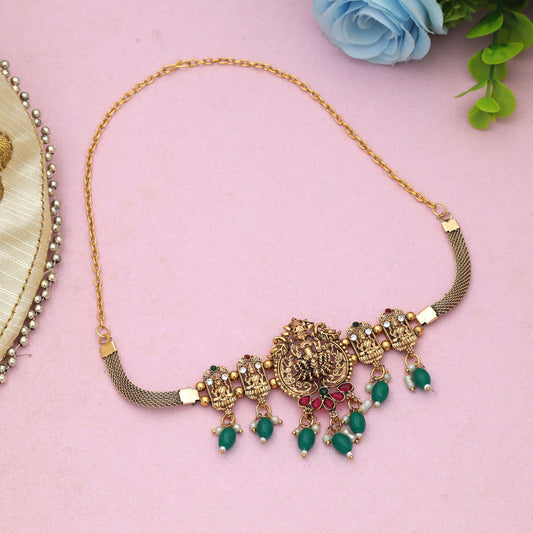 Stylish Rani & Green Color Choker Temple Necklace With Heritage Inspired Ethnic Artwork
