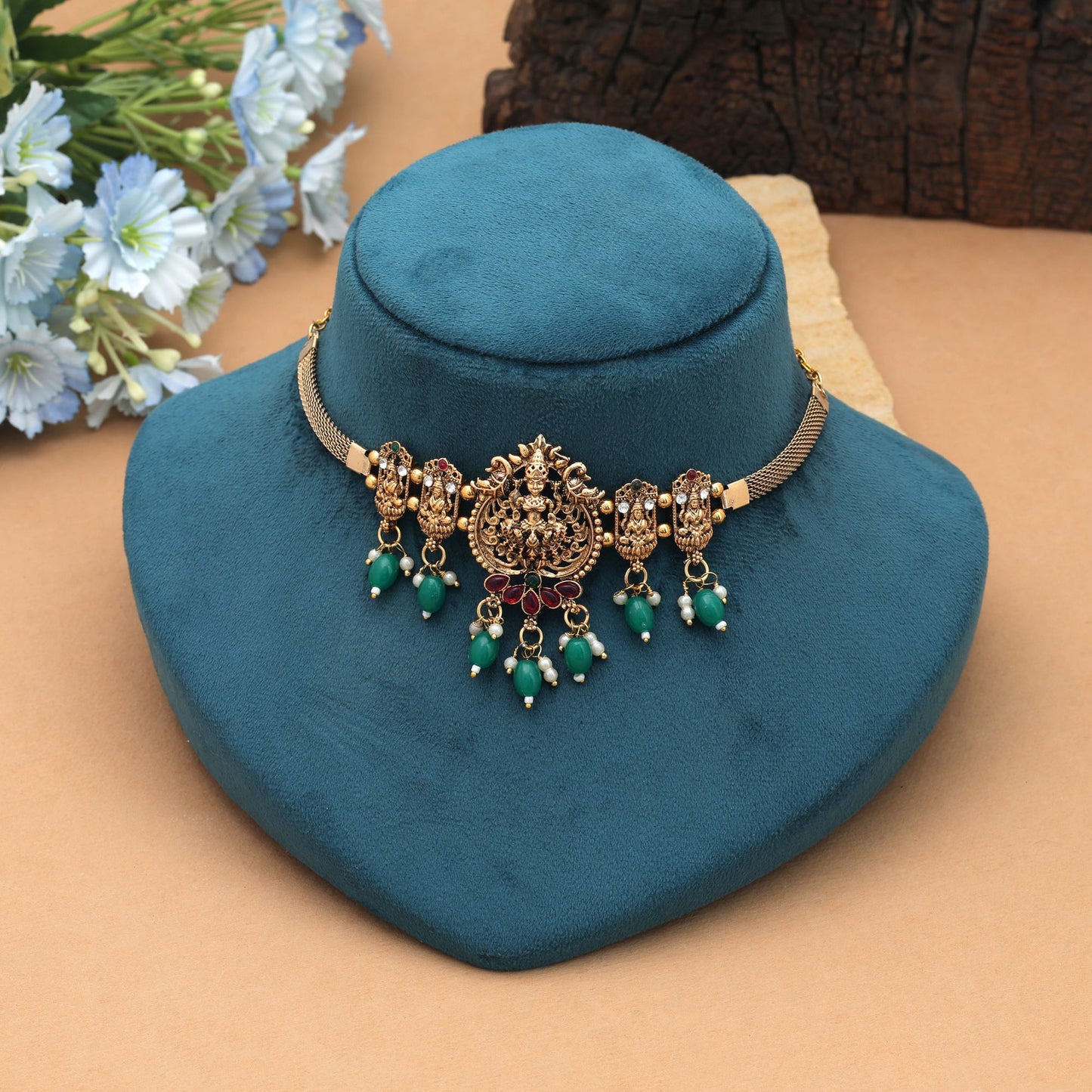 Stylish Rani & Green Color Choker Temple Necklace With Heritage Inspired Ethnic Artwork