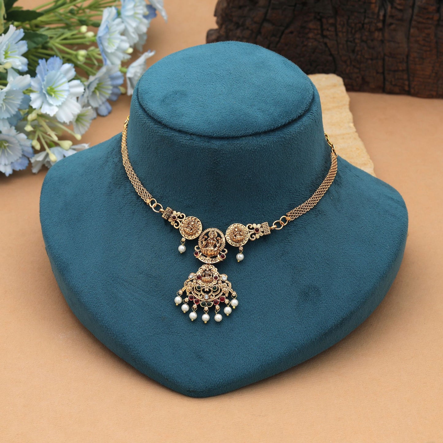 Designer Maroon & Green Color Choker Temple Necklace For Festive Traditional Party Collection