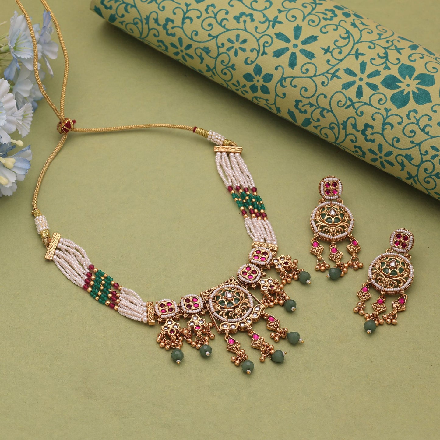 Multi Color Kundan Necklace Set with Matte Gold Choker Design Jewelry