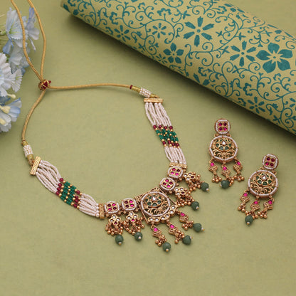 Multi Color Kundan Necklace Set with Matte Gold Choker Design Jewelry
