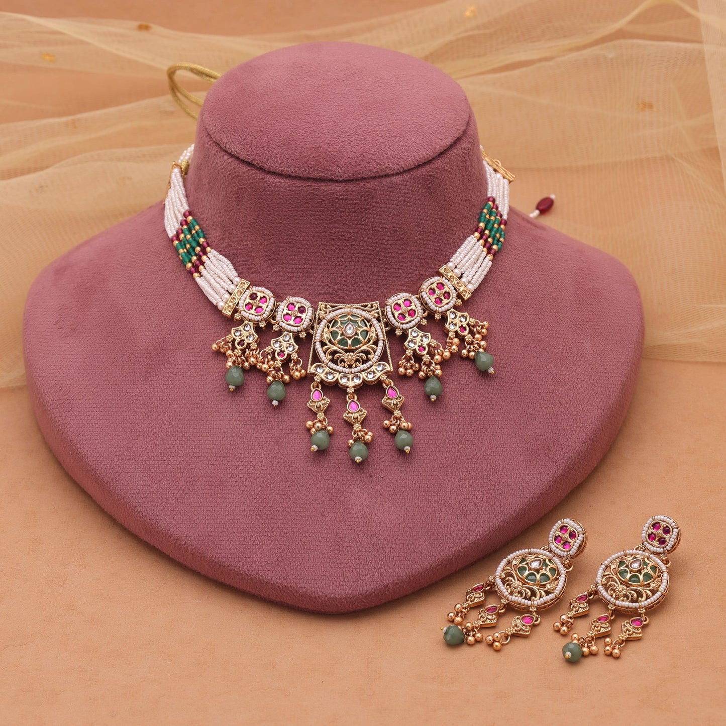 Multi Color Kundan Necklace Set with Matte Gold Choker Design Jewelry