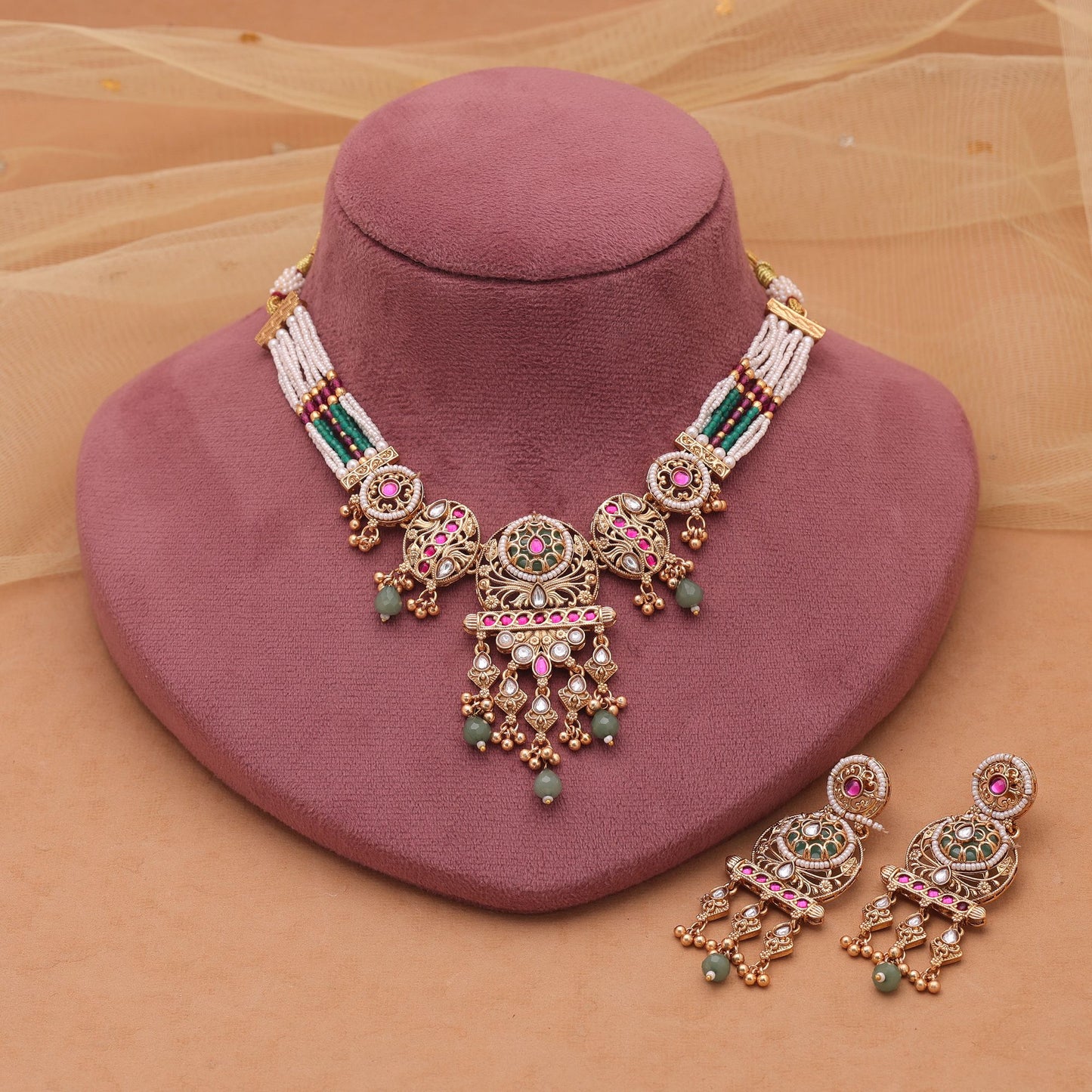 Multi Color Kundan Necklace Set with Elegant Matte Gold Choker Finish