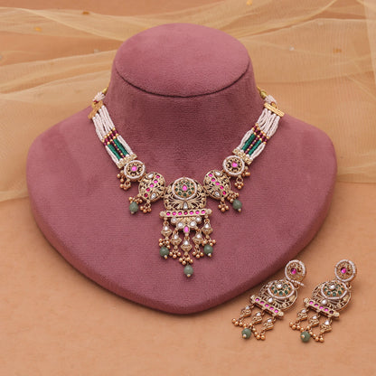 Multi Color Kundan Necklace Set with Elegant Matte Gold Choker Finish