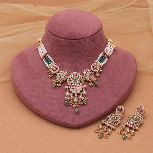 Multi Color Kundan Necklace Set with Elegant Matte Gold Choker Finish