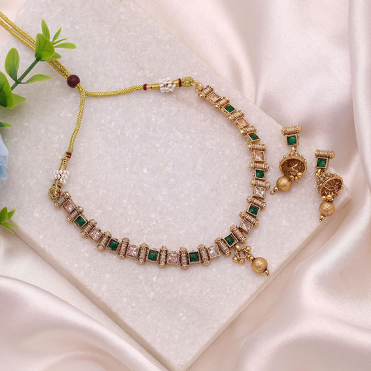 Green Color Kundan Necklace Set with Traditional Matte Gold Craftsmanship