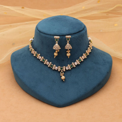 Green Color Kundan Necklace Set with Traditional Matte Gold Craftsmanship