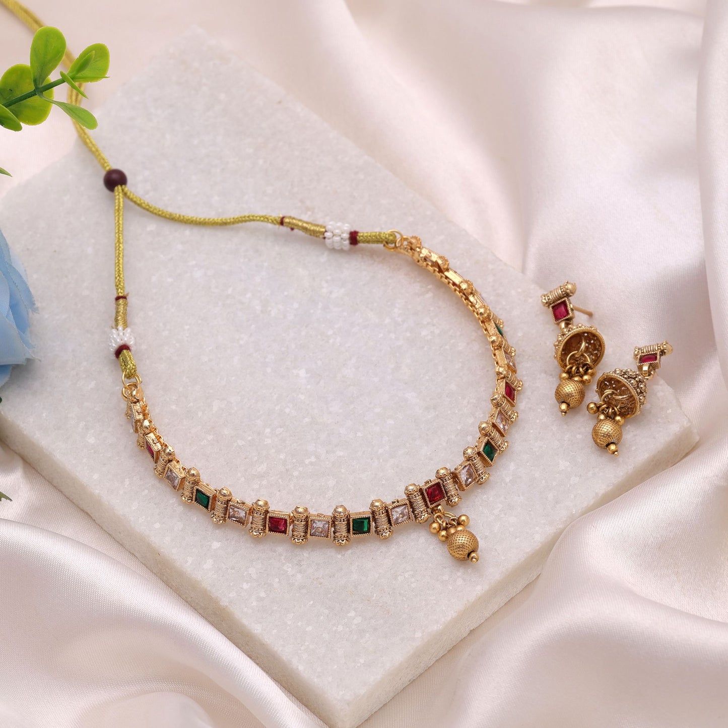 Rani & Green Color Kundan Necklace Set with Matte Gold Detailing
