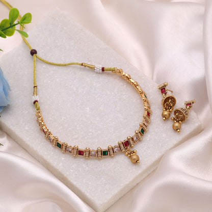 Rani & Green Color Kundan Necklace Set with Matte Gold Detailing