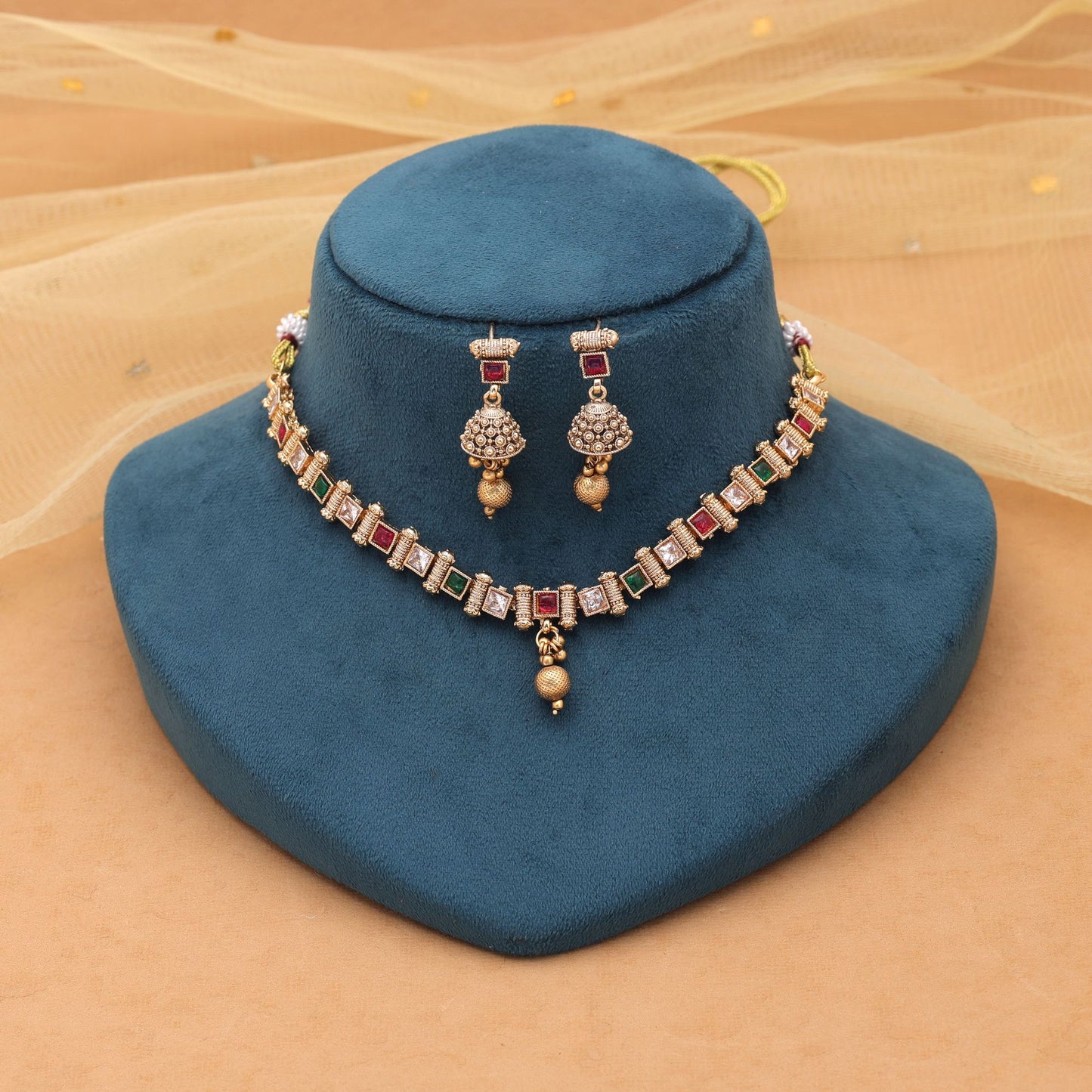 Rani & Green Color Kundan Necklace Set with Matte Gold Detailing