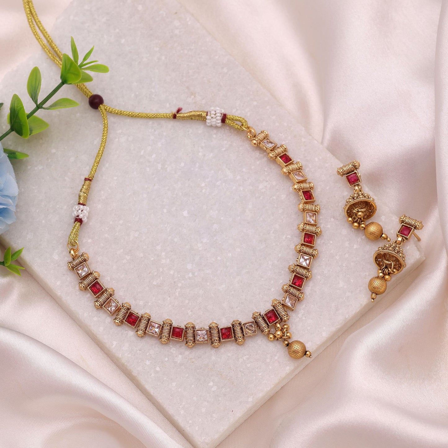 Rani Color Kundan Necklace Set with Premium Matte Gold Finish