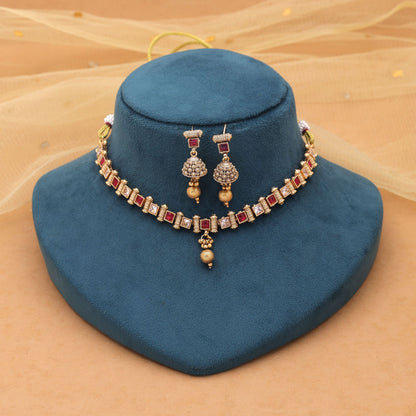 Rani Color Kundan Necklace Set with Premium Matte Gold Finish