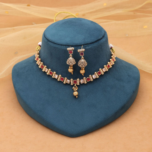 Rani Color Kundan Necklace Set with Premium Matte Gold Finish
