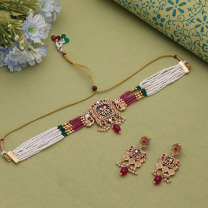 Multi Color Kundan Necklace Set with Stylish Matte Gold Choker Pattern
