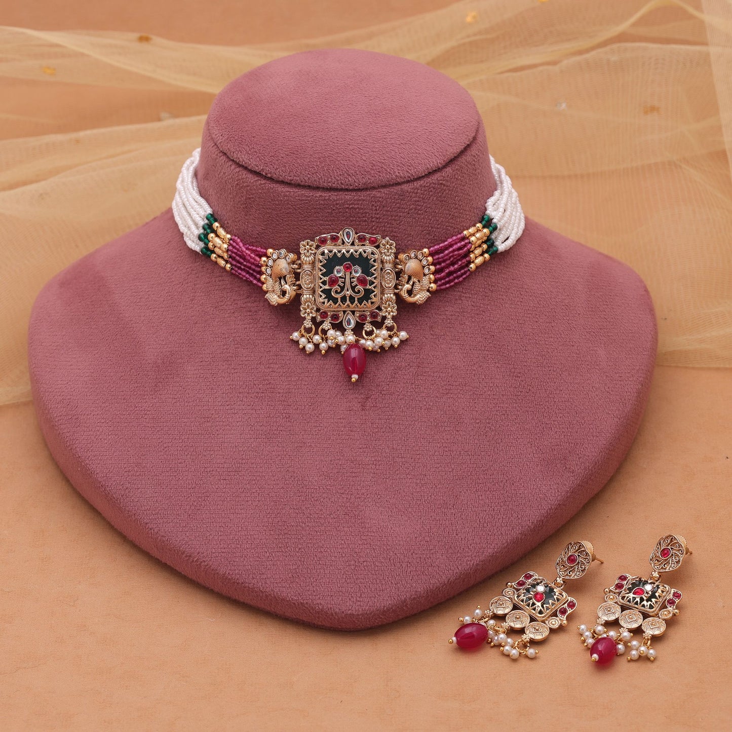 Multi Color Kundan Necklace Set with Stylish Matte Gold Choker Pattern