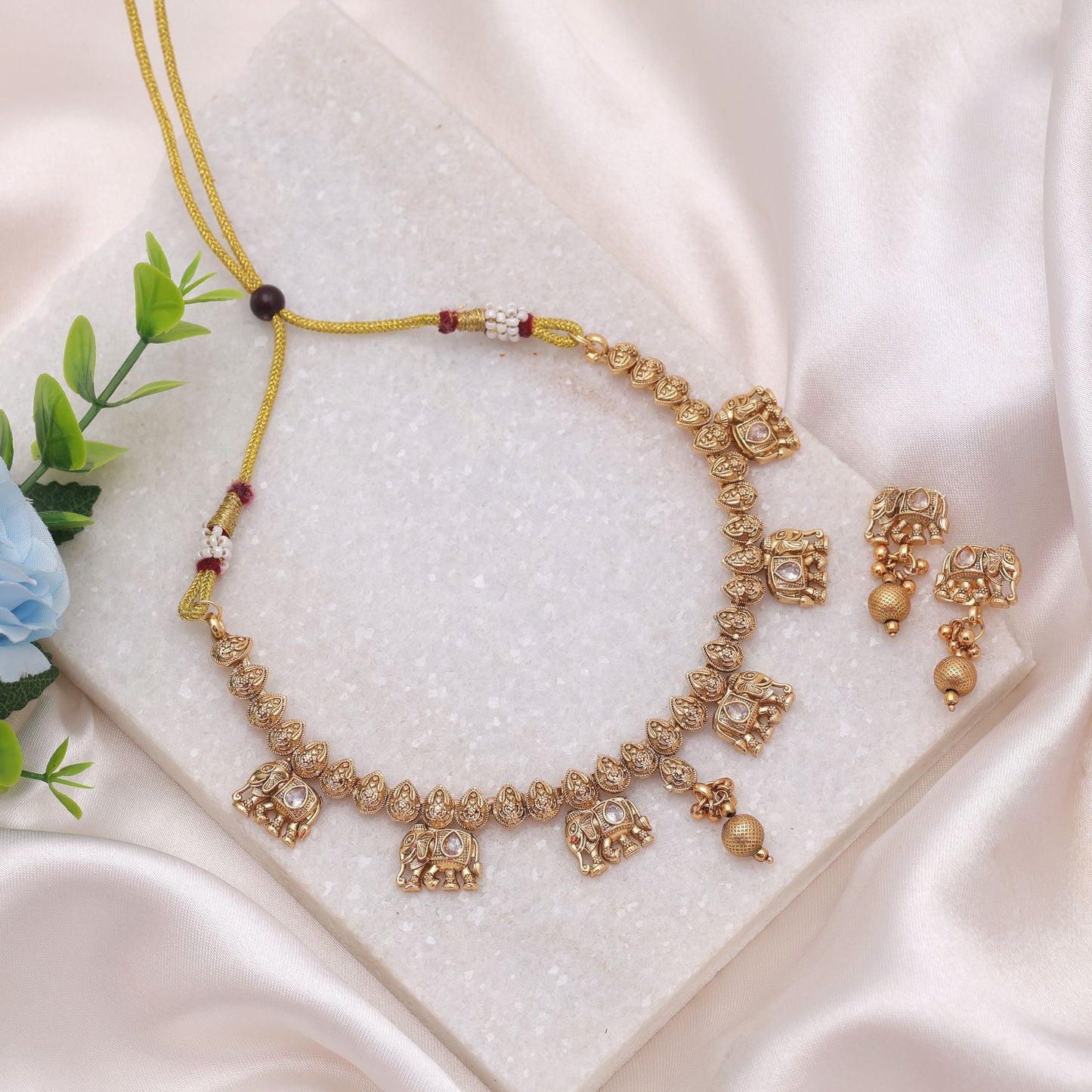 Gold Color Kundan Necklace Set with Luxurious Matte Gold Finish