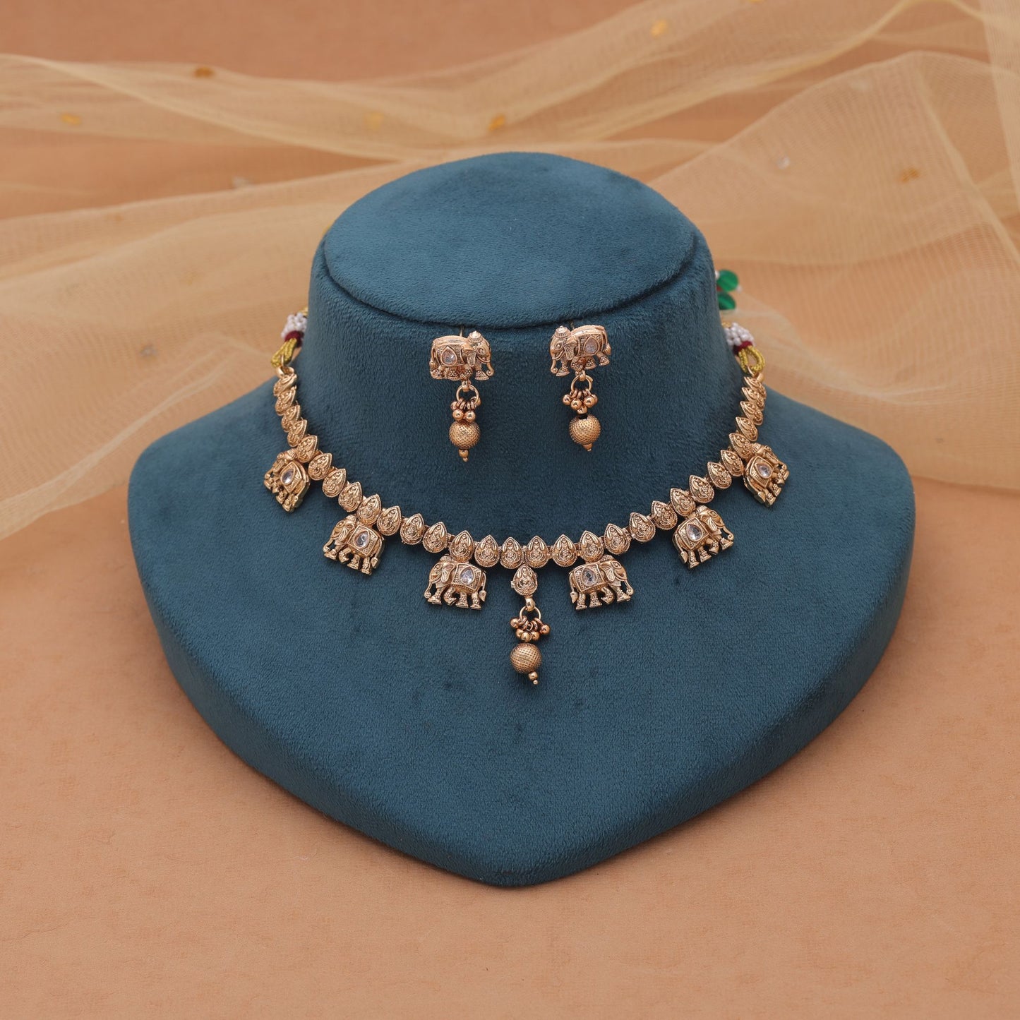 Gold Color Kundan Necklace Set with Luxurious Matte Gold Finish
