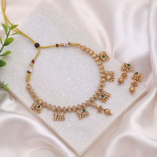 Green Color Kundan Necklace Set with Graceful Matte Gold Styling