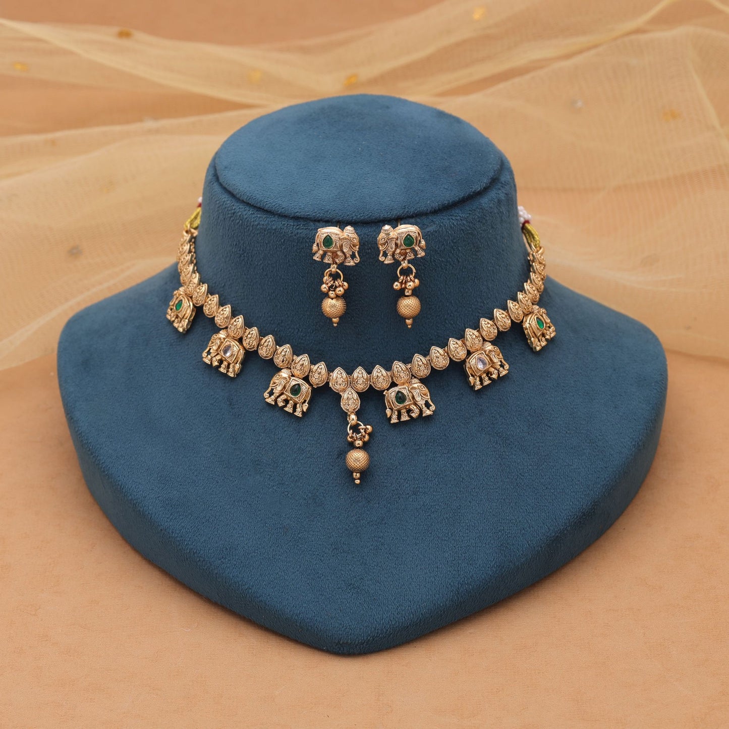 Green Color Kundan Necklace Set with Graceful Matte Gold Styling