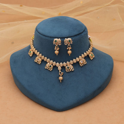Green Color Kundan Necklace Set with Graceful Matte Gold Styling