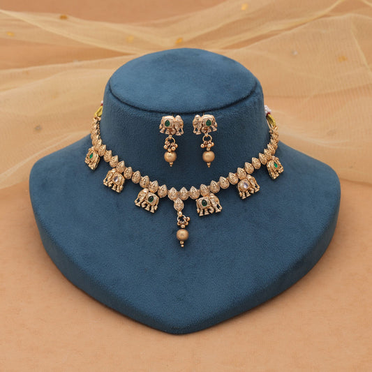 Green Color Kundan Necklace Set with Graceful Matte Gold Styling