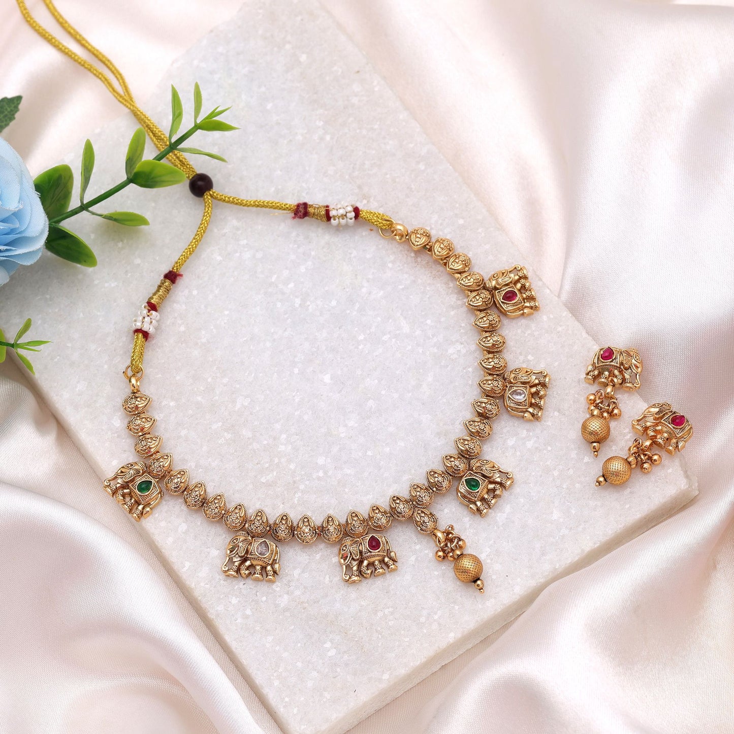 Rani & Green Color Kundan Necklace Set with Royal Matte Gold Touch