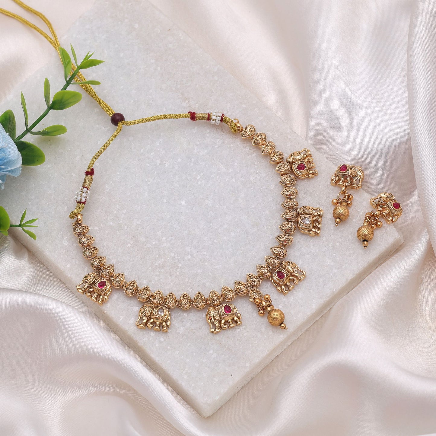 Rani Color Kundan Necklace Set with Designer Matte Gold Look