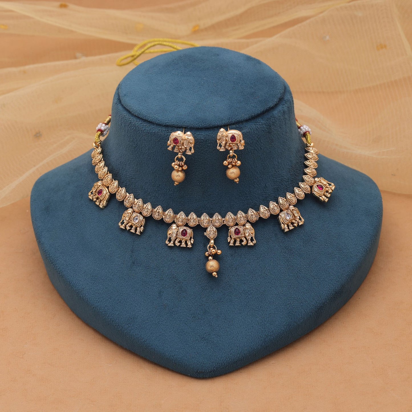 Rani Color Kundan Necklace Set with Designer Matte Gold Look