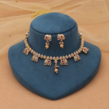 Rani Color Kundan Necklace Set with Designer Matte Gold Look