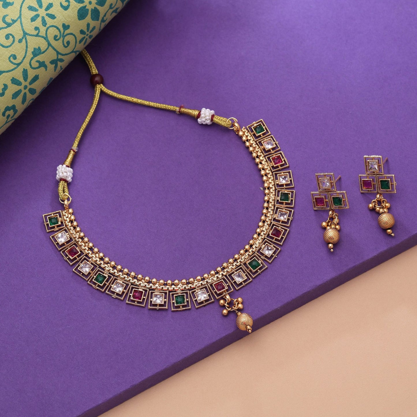 Rani & Green Color Kundan Necklace Set with Elegant Gold Appeal
