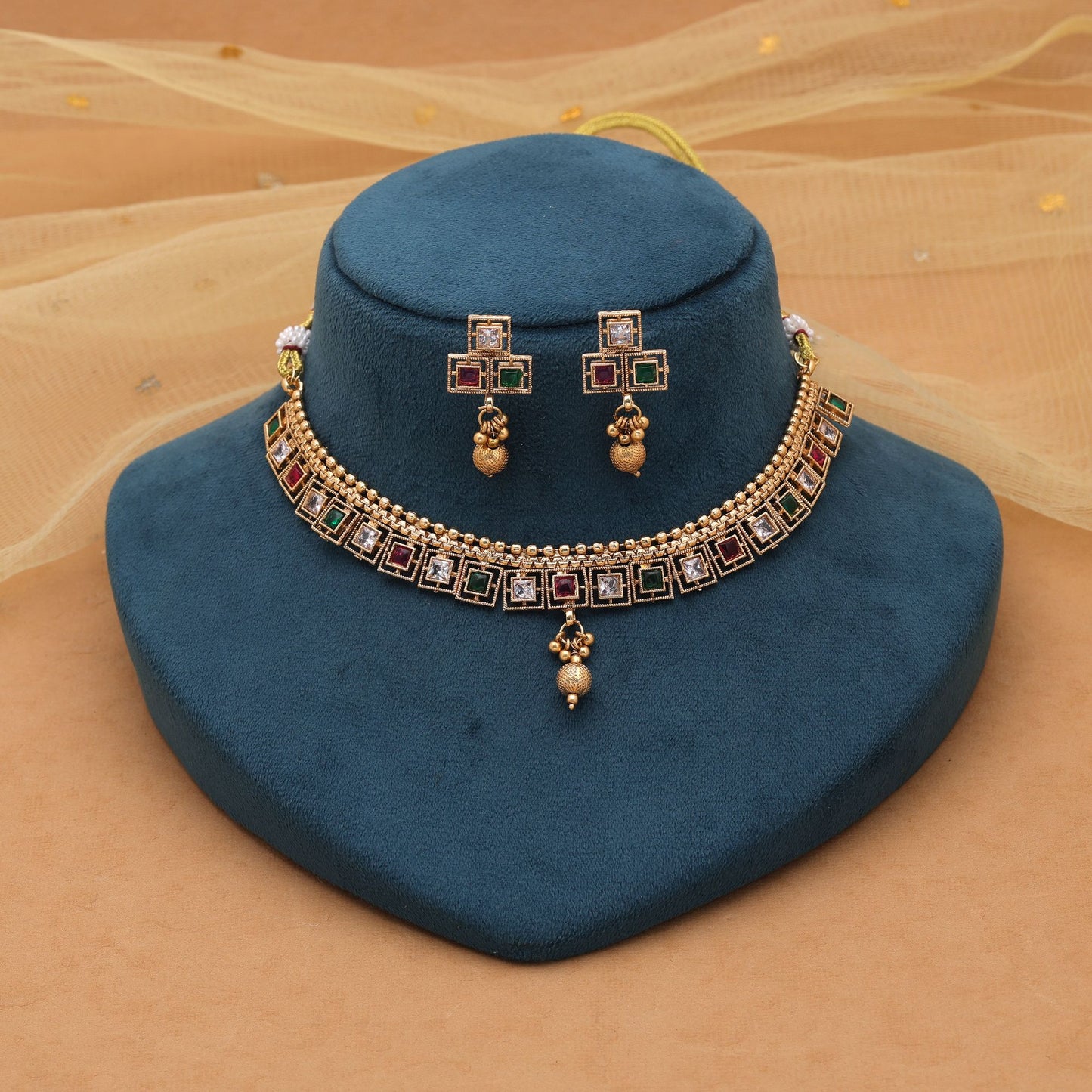 Rani & Green Color Kundan Necklace Set with Elegant Gold Appeal