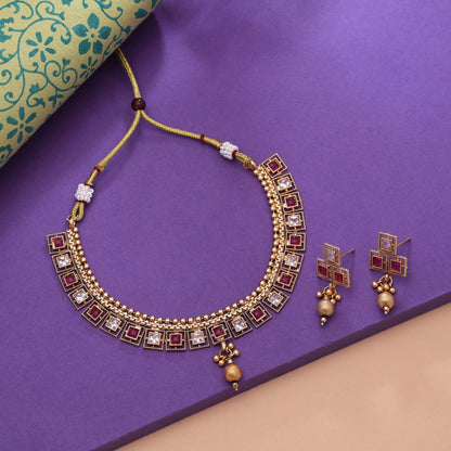 Rani Color Kundan Necklace Set with Beautiful Matte Gold Art