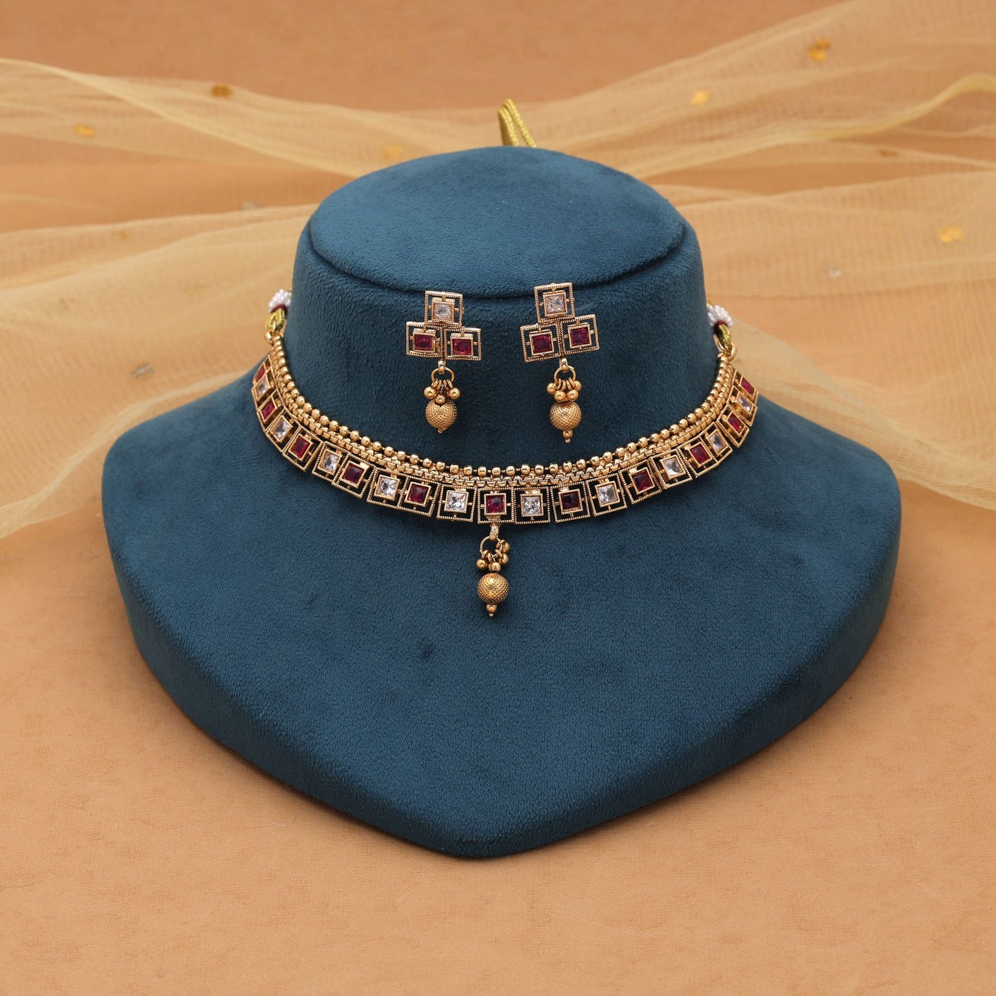 Rani Color Kundan Necklace Set with Beautiful Matte Gold Art